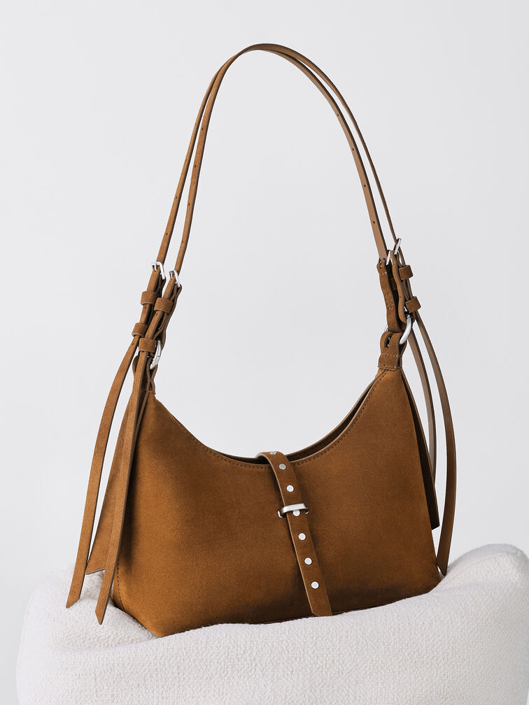 Lark Recycled Suede Studded Belted Shoulder Bag, Sienna Brown, hi-res