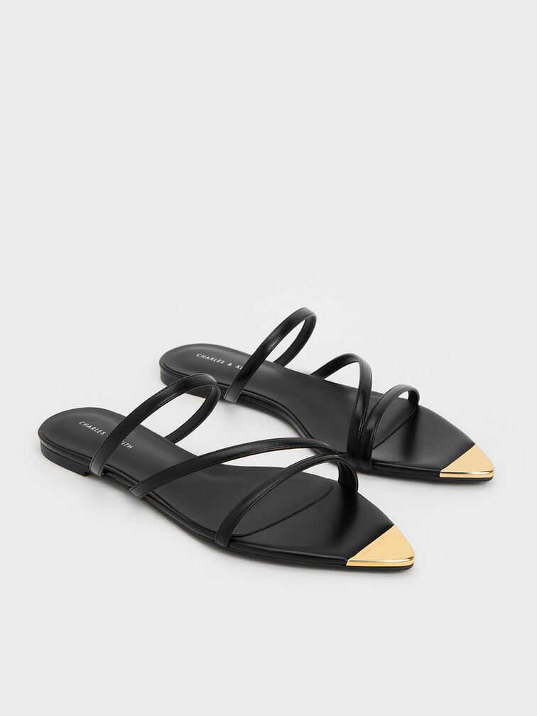 Metallic Cap Strappy Sandals, Black, hi-res
