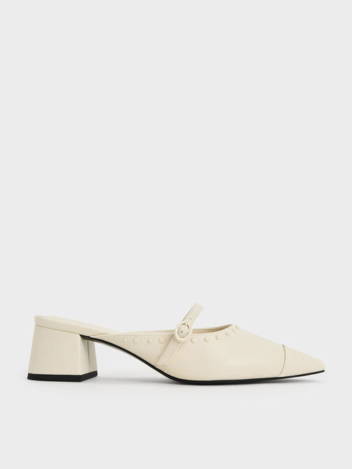 Studded Pointed-Toe Block Heel Mules, Chalk, hi-res