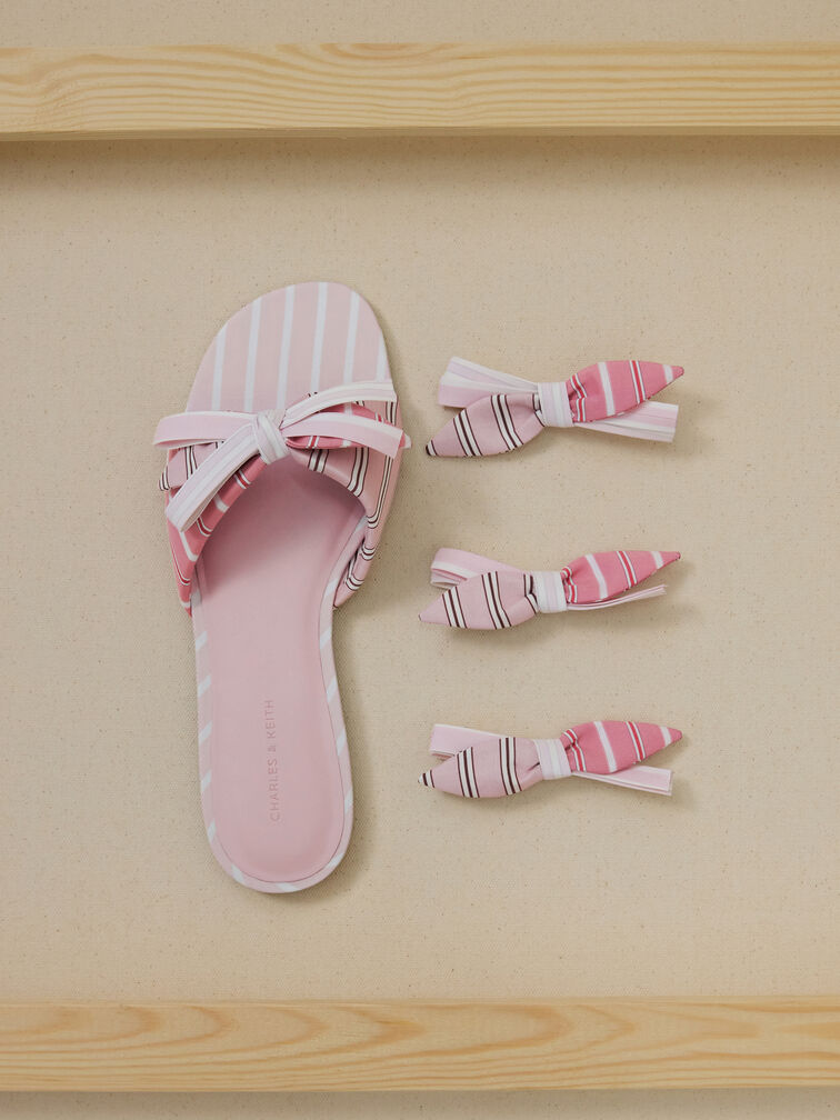 Striped Knot-Bow Slide Sandals, Light Pink, hi-res