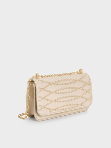 Satin Sequinned Chain-Handle Mini Bag, Light Gold, hi-res