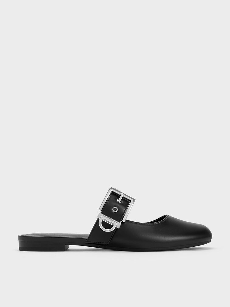 Buckled Flat Mules, Black, hi-res
