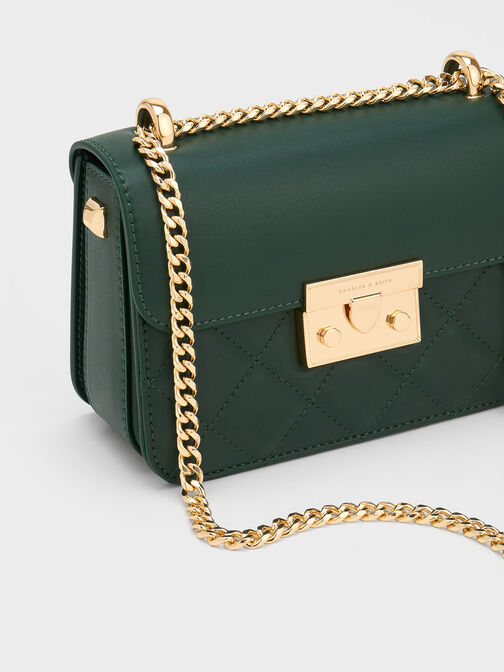 Quilted Push-Lock Chain-Handle Bag, Dark Green, hi-res