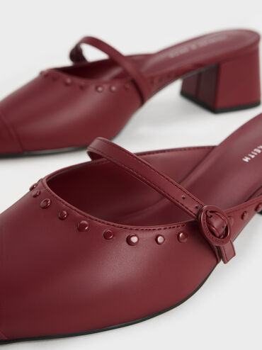 Studded Pointed-Toe Block Heel Mules, Burgundy, hi-res