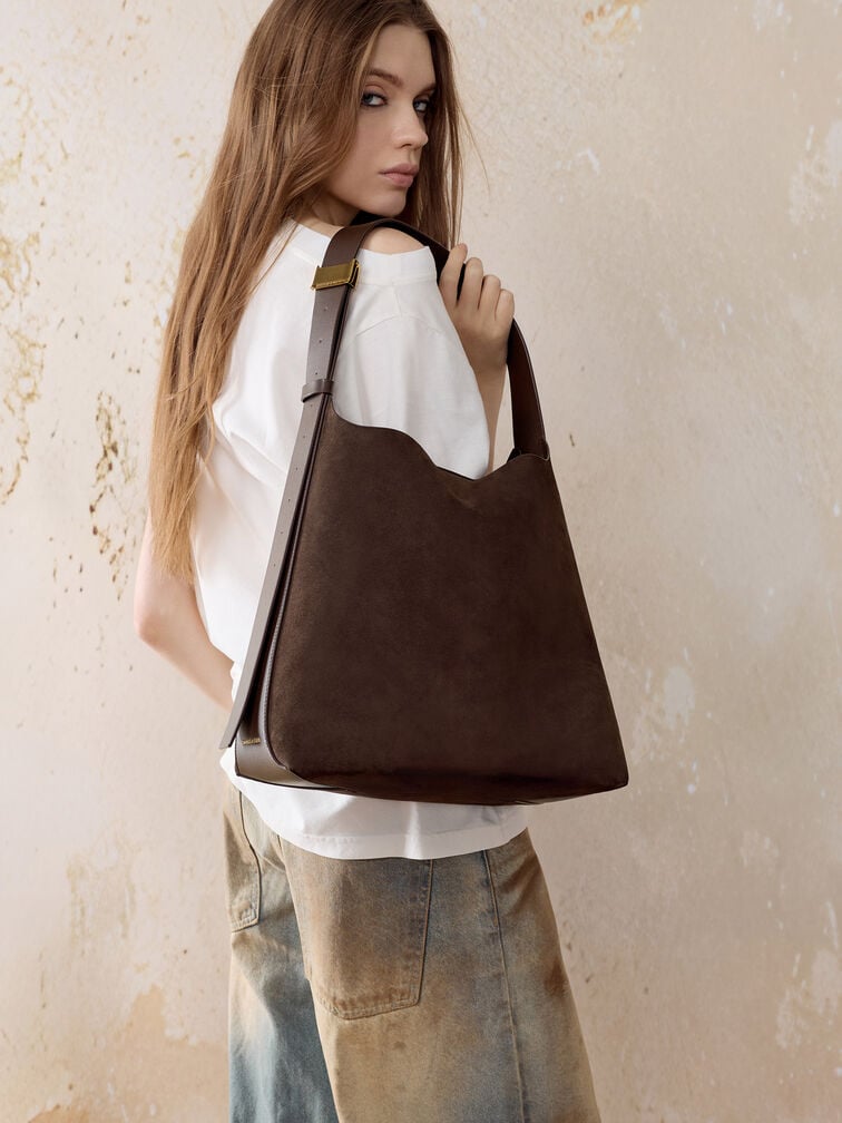 Edna Recycled Suede Tote Bag, Espresso Brown, hi-res