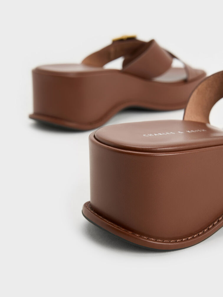 Buckled Crossover Curved Platform Sandals, Cognac, hi-res