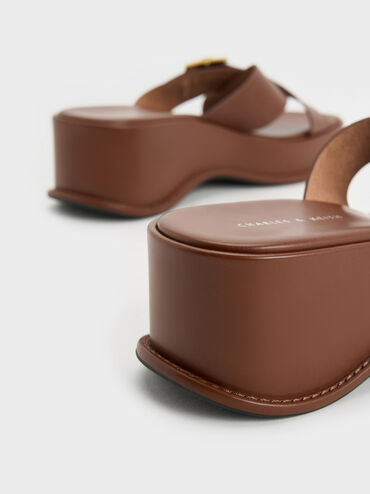 Buckled Crossover Curved Platform Sandals, Cognac, hi-res
