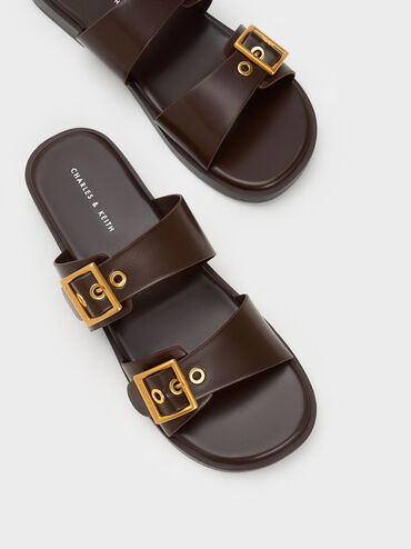 Buckled Double Strap Slide Sandals, Dark Brown, hi-res