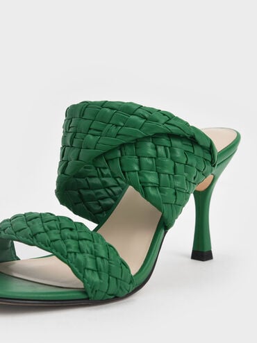 Double Strap Woven Heeled Mules, Green, hi-res