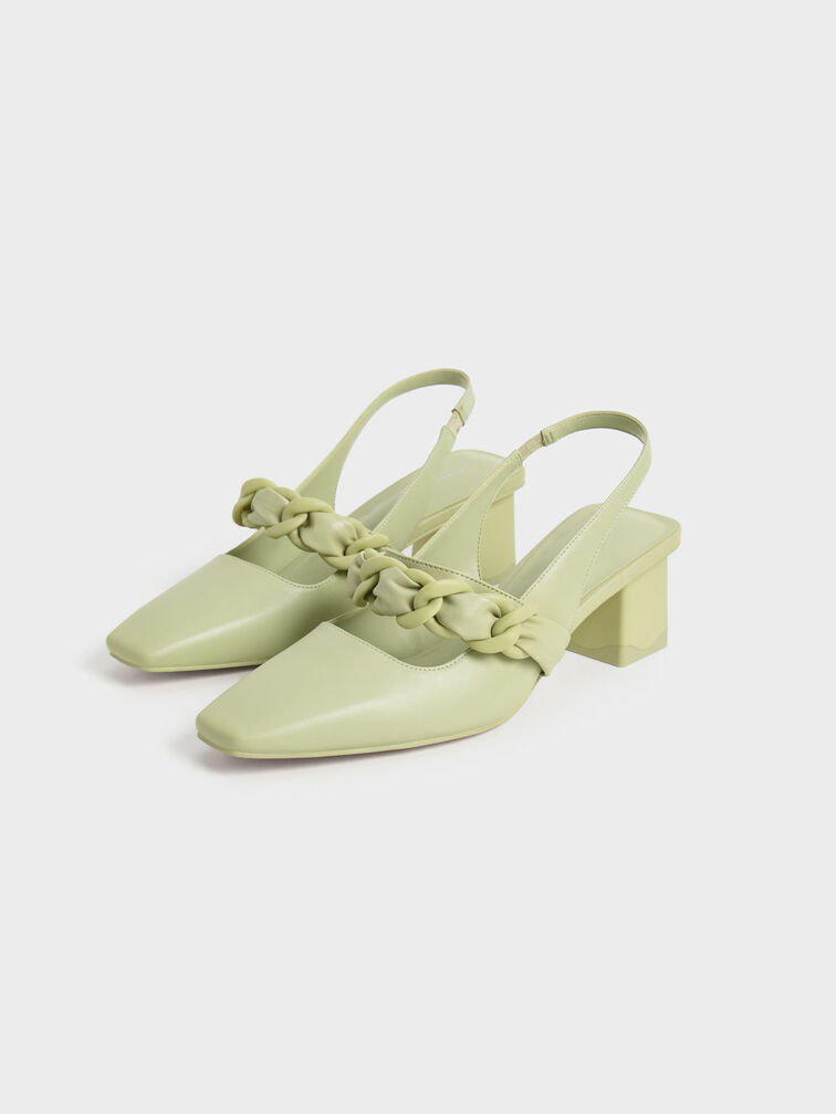 Braided Chain-Link Slingback Pumps, Sage Green, hi-res