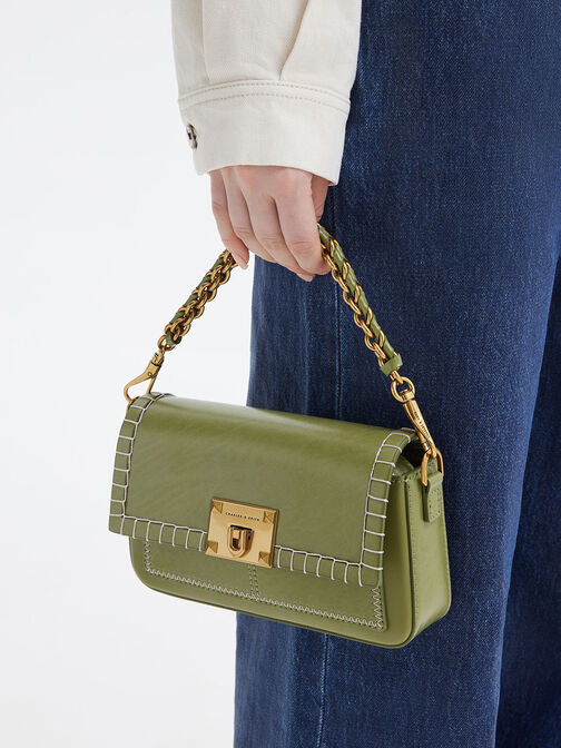 Circe Stitch-Trim Top Handle Bag, Olive, hi-res