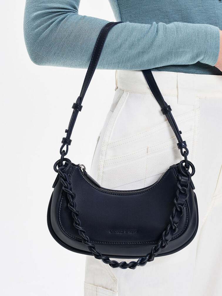 Alouette Curved Shoulder Bag, Navy, hi-res