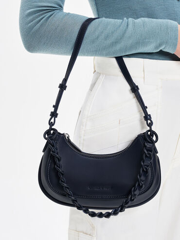Alouette Curved Shoulder Bag, Navy, hi-res
