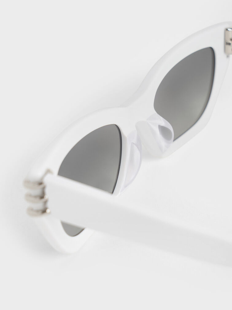 Recycled Acetate Metallic-Accent Angular Cat-Eye Sunglasses, White, hi-res