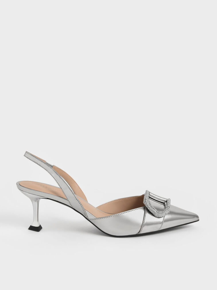 Gabine Gem-Embellished Slingback Pumps, Pewter, hi-res