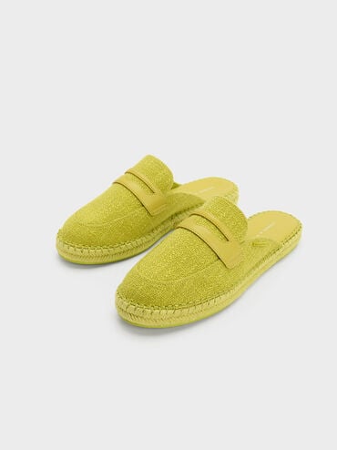 Woven Penny Loafer Backless Espadrilles, Lime, hi-res