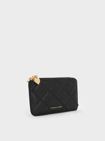 Arrietty Quilted Bow-Heart Charm Zip-Around Wallet, Black, hi-res