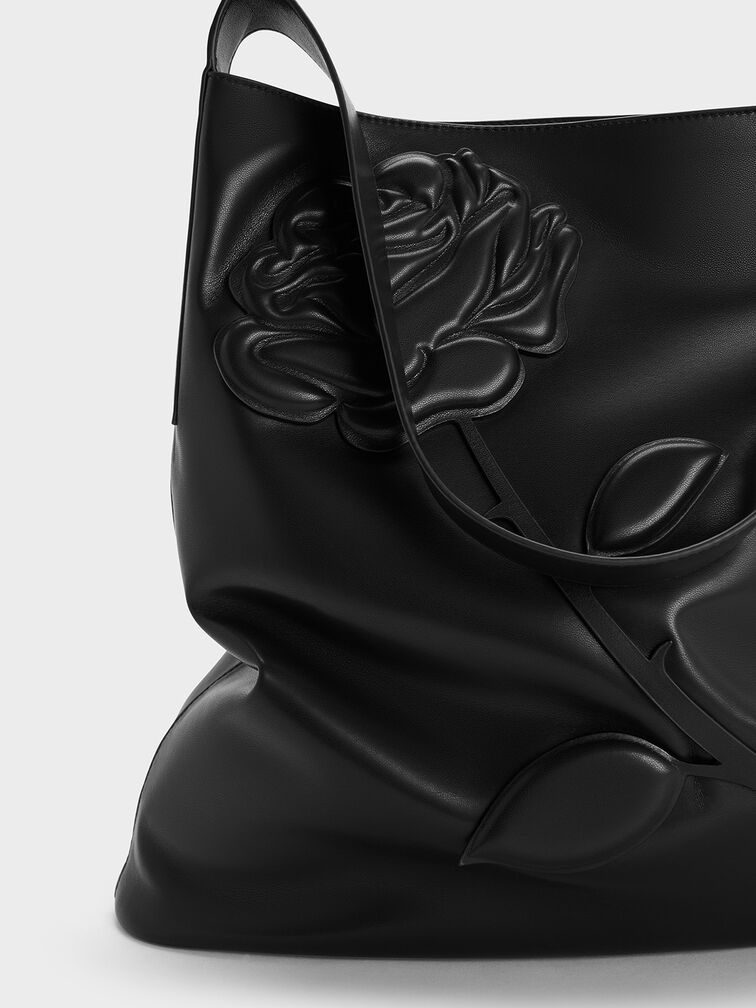 Rose-Motif Trapeze Shoulder Bag, Noir, hi-res