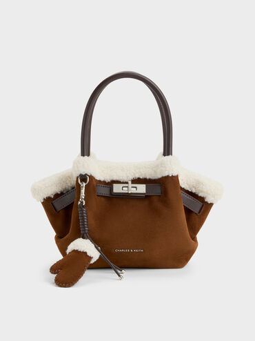 Mini Cosima Fur-Trim Tote Bag, Pecan Brown, hi-res
