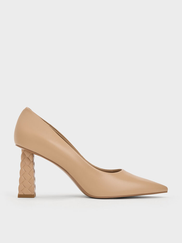 Quilted Heel Pointed-Toe Pumps, Nude, hi-res