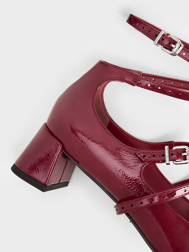 Crinkle-Effect Strappy Buckled Pumps, Burgundy, hi-res