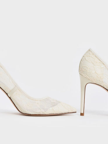 Lace Stiletto Pumps, Cream, hi-res