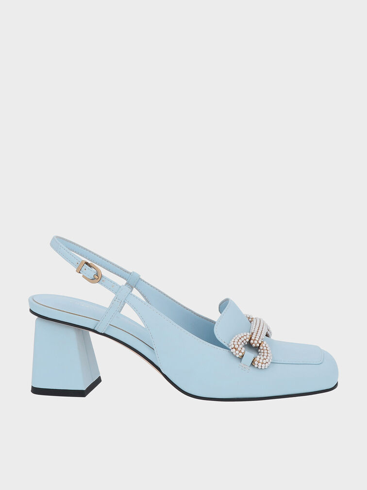 Beaded Slingback Loafer Pumps, Light Blue, hi-res