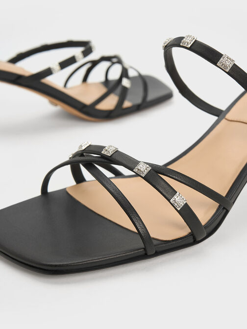 Square Crystal-Embellished Leather Heeled Mules, Black, hi-res