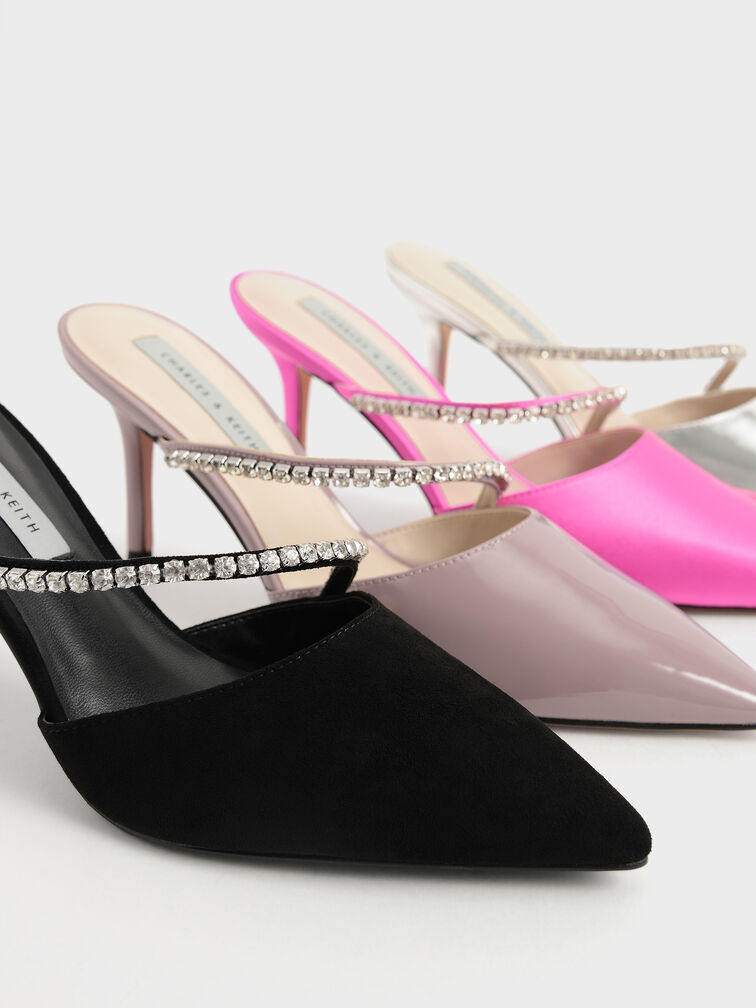 Gem-Encrusted Textured Stiletto Mules, Black, hi-res