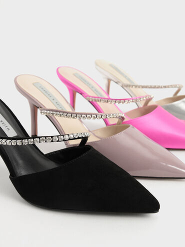 Gem-Encrusted Textured Stiletto Mules, Black, hi-res