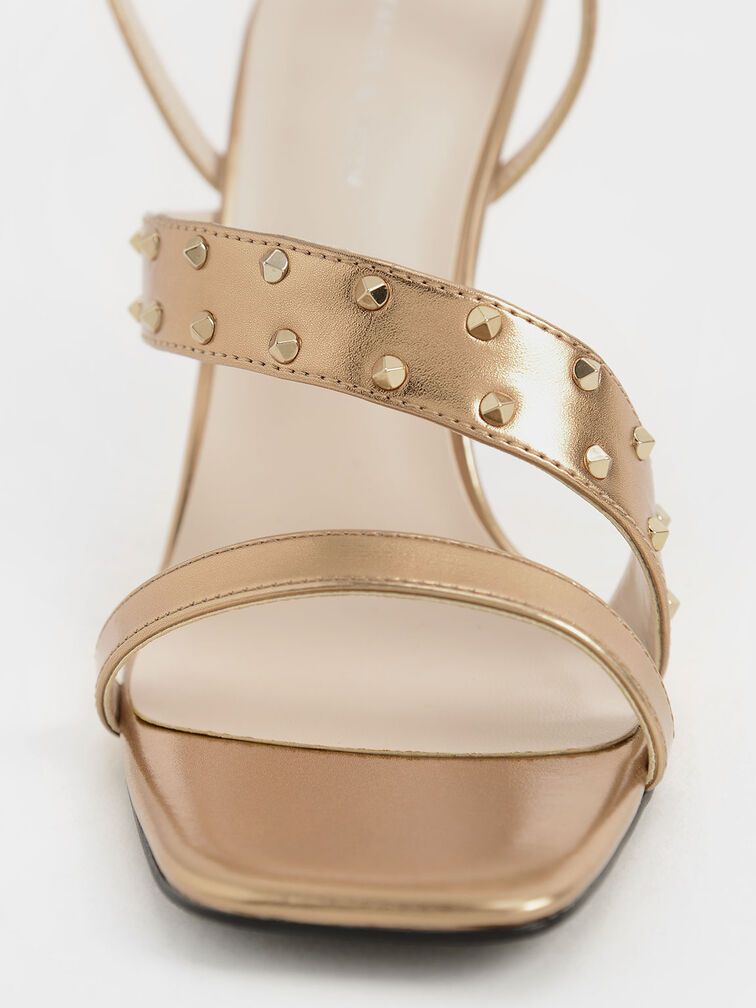Metallic Studded Asymmetric Strap Stiletto Sandals, Gold, hi-res
