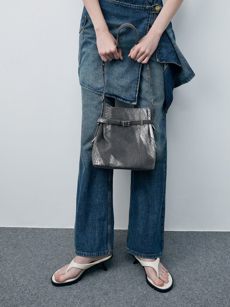 Bryna Brushed Denim Belted Bucket Bag, Silver Brushed Denim, hi-res