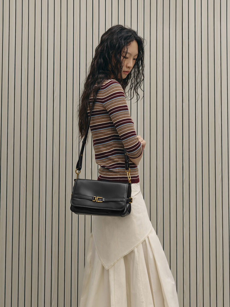 Gwynne Metallic-Buckle Belted Shoulder Bag, Black, hi-res