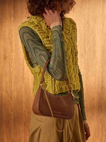 Elspeth Croc-Effect Chain-Link Shoulder Bag, Chocolate Croco, hi-res