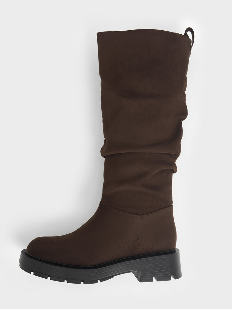Faux Suede Ruched Knee-High Boots, Brown, hi-res