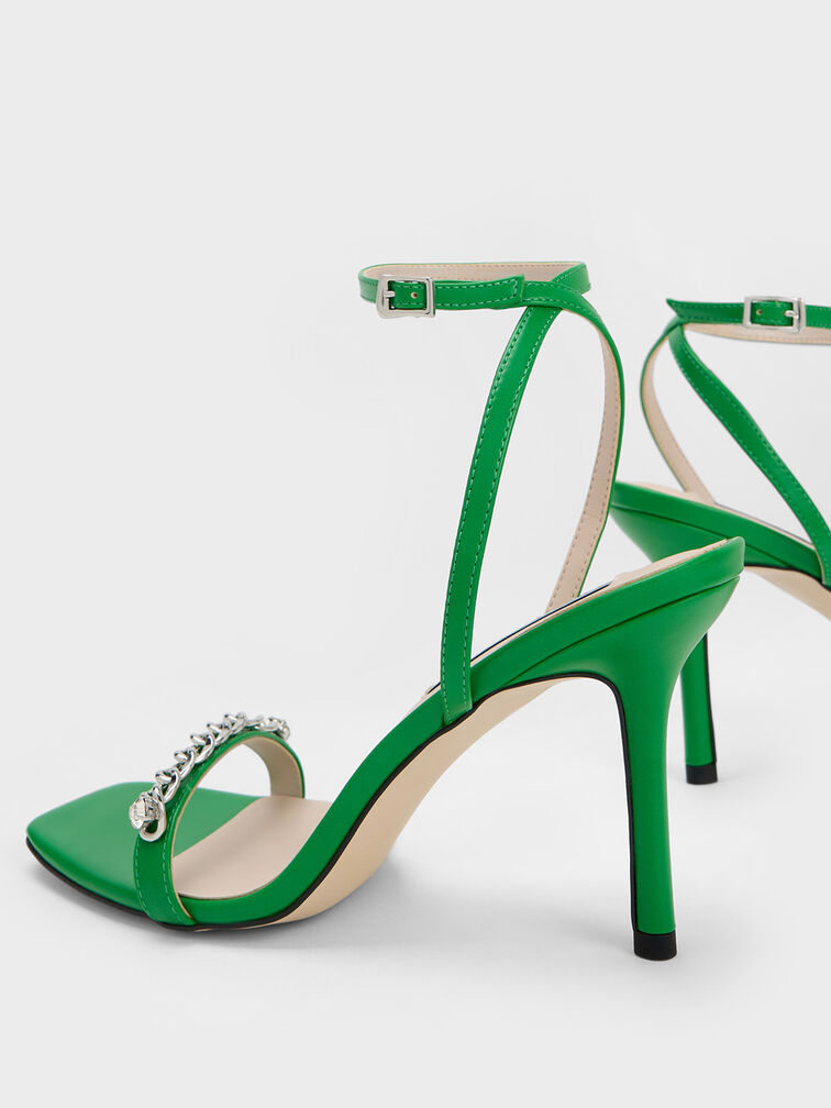 Chain-Embellished Ankle Strap Sandals, Green, hi-res