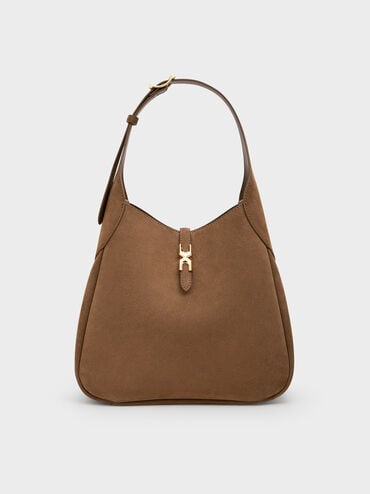 Adalyn Recycled Suede Metallic-Buckle Belted Hobo Bag, Mocha Brown, hi-res