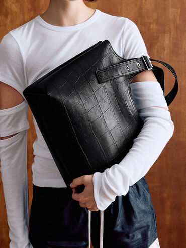 Liv Croc-Effect Tote Bag, Noir, hi-res