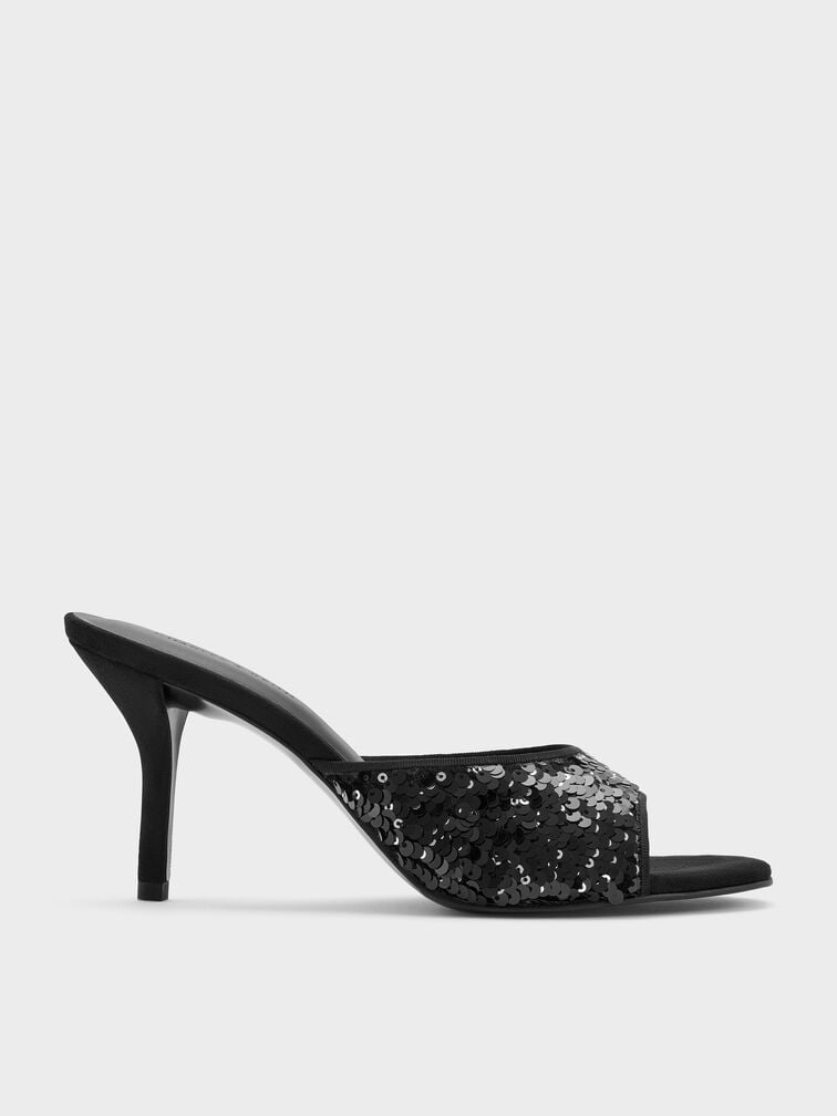 Sequinned Stiletto-Heel Mules, Black Textured, hi-res
