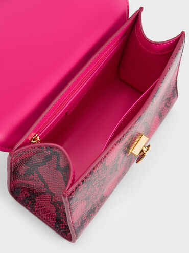 Snake Print Metallic Accent Clutch, Fuchsia, hi-res