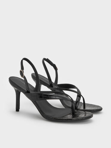 Croc-Effect Stiletto Slingback Thong Sandals, Animal Print Black, hi-res