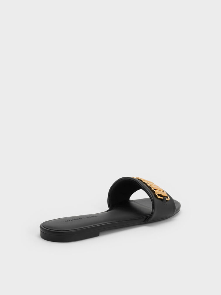 Metallic-Accent Slide Sandals, Black, hi-res