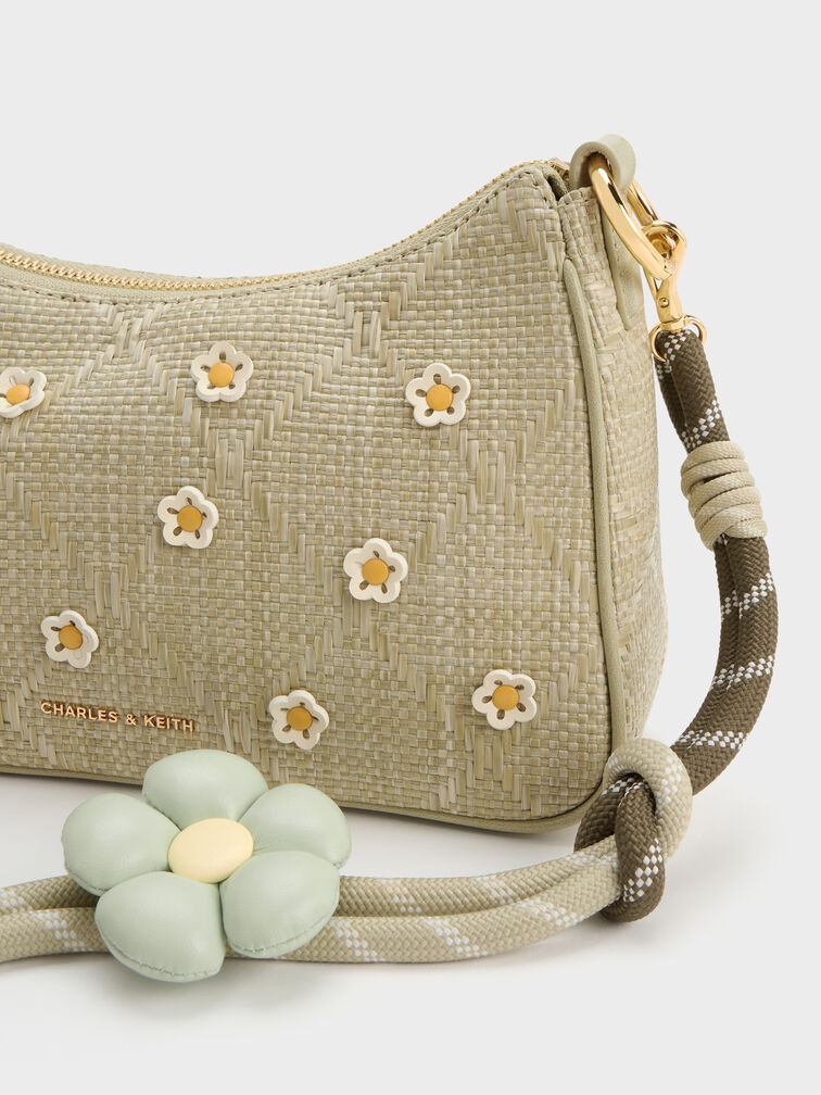 Philomena Raffia Flower Crossbody Bag, Pale Olive, hi-res
