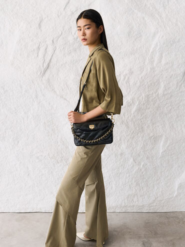 Fawn Panelled Front Flap Chain-Handle Bag, Black, hi-res