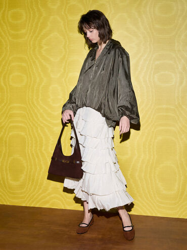 Arlet Recycled Suede Metallic-Accent Belted Hobo Bag, Espresso Brown, hi-res