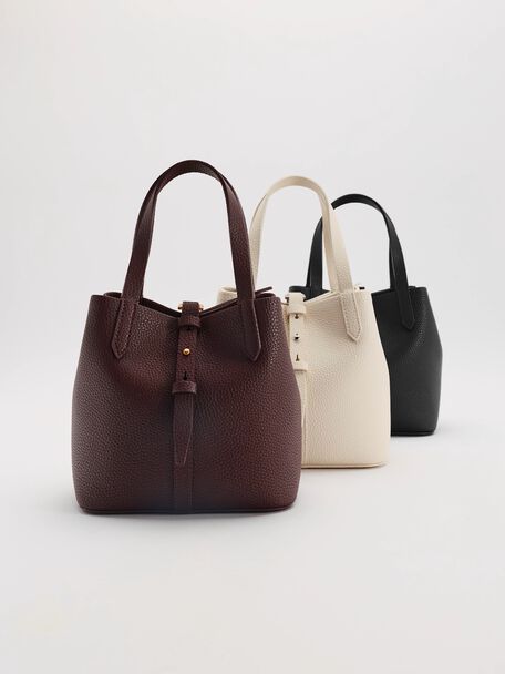Beryl Recycled Leather Double-Handle Belted Bucket Bag, Wineberry Red, hi-res