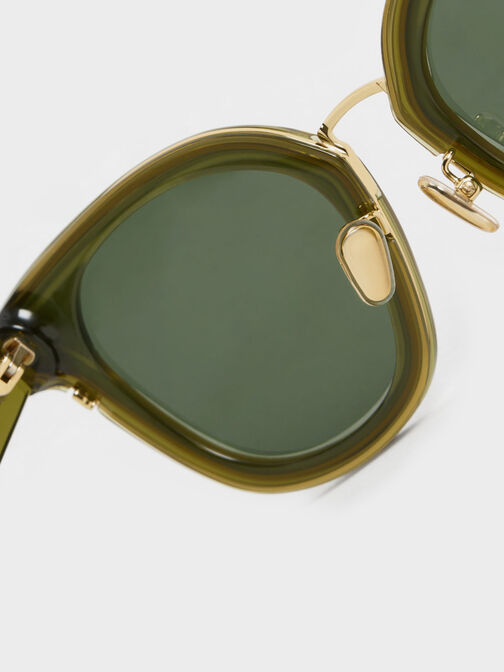 Gold-Trim Rectangular Sunglasses, Green, hi-res