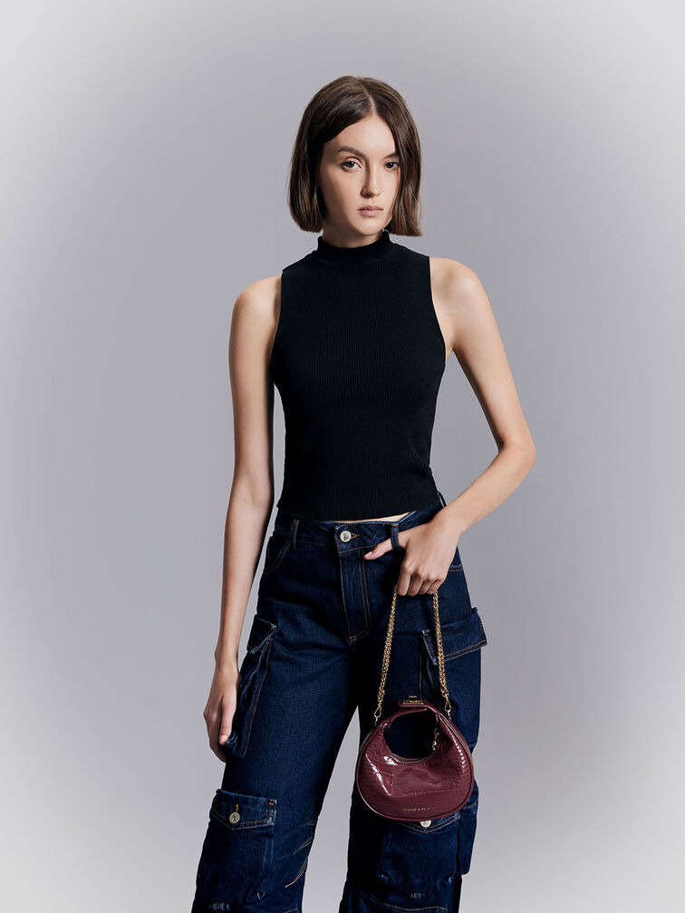 Mini Croc-Effect Moon Bag, Burgundy, hi-res