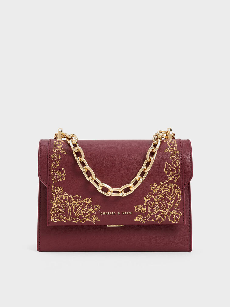 Chain Handle Baroque Evening Bag, Burgundy, hi-res