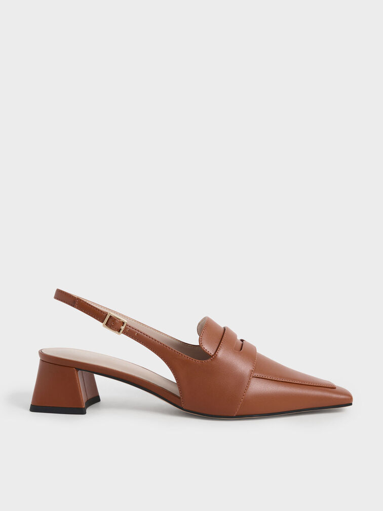 Tapered Square-Toe Slingback Pumps, Cognac, hi-res
